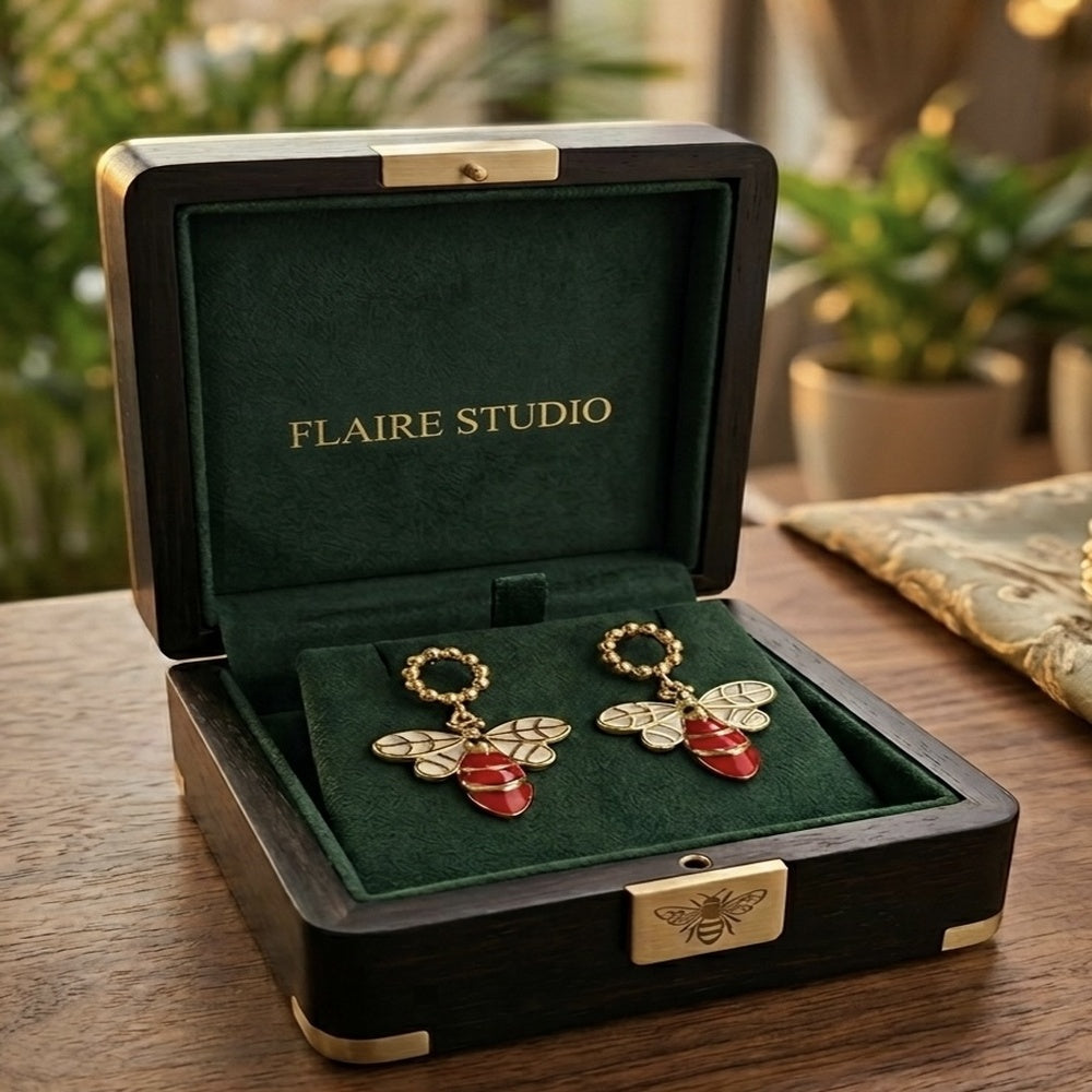 Red Enamel Bee Drop Earrings
