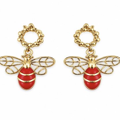 Red Enamel Bee Drop Earrings