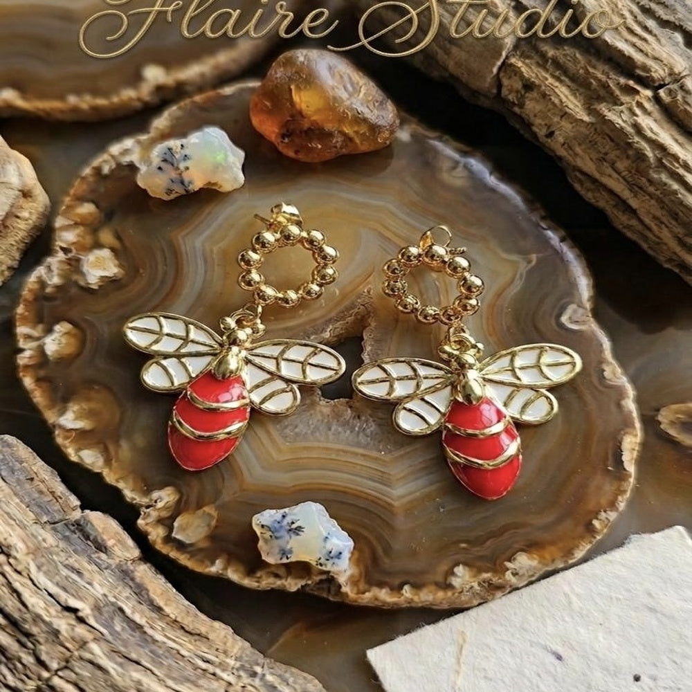 Red Enamel Bee Drop Earrings