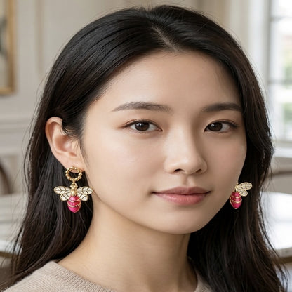 Red Enamel Bee Drop Earrings