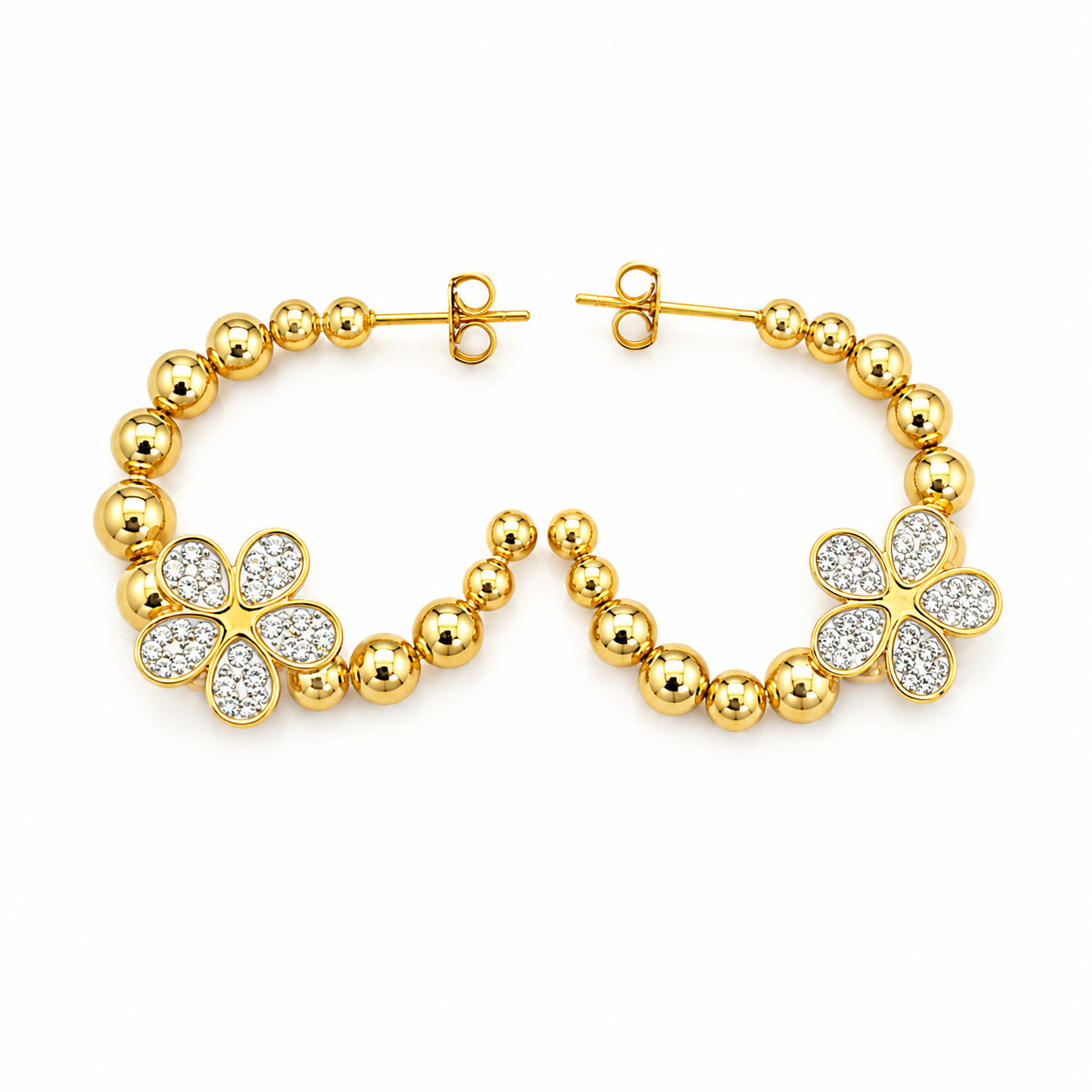 Gold Beaded Flower Hoop Earrings