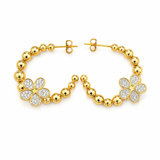 Gold Beaded Flower Hoop Earrings