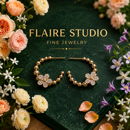 Gold Beaded Flower Hoop Earrings