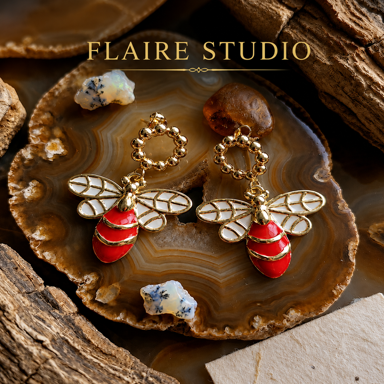 Red Enamel Bee Drop Earrings