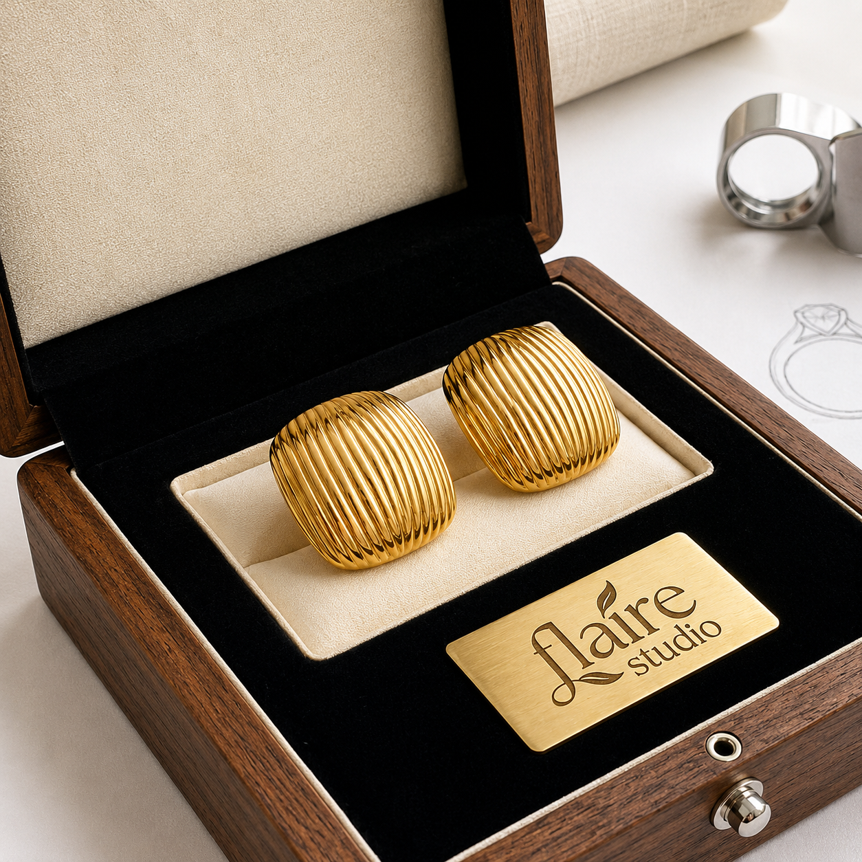 Ribbed Gold Square Stud Earrings