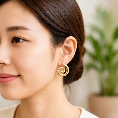 Gold Spiral Swirl Statement Earrings