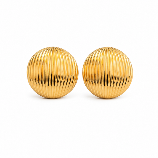 Flaire Studio ribbed gold ball stud earrings on white background
