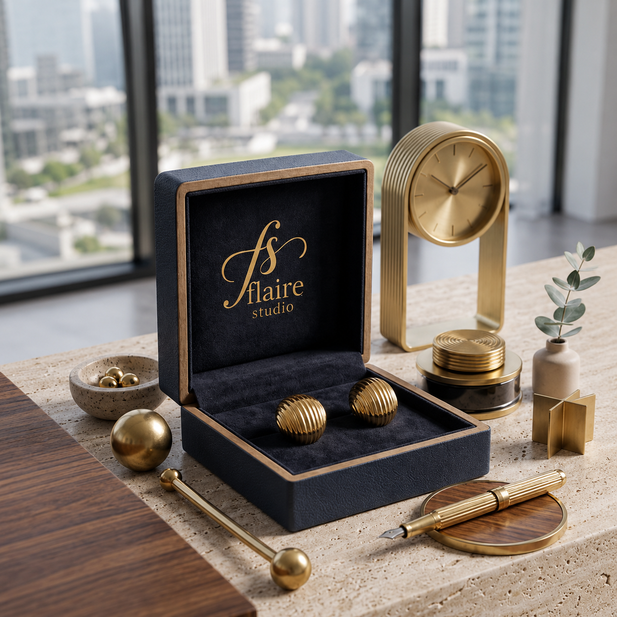 Flaire Studio ribbed gold ball stud earrings in jewellery box