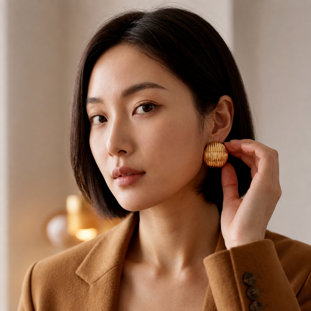 Flaire Studio ribbed gold ball stud earrings lifestyle shot