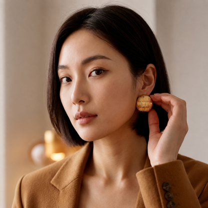 Flaire Studio ribbed gold ball stud earrings lifestyle shot