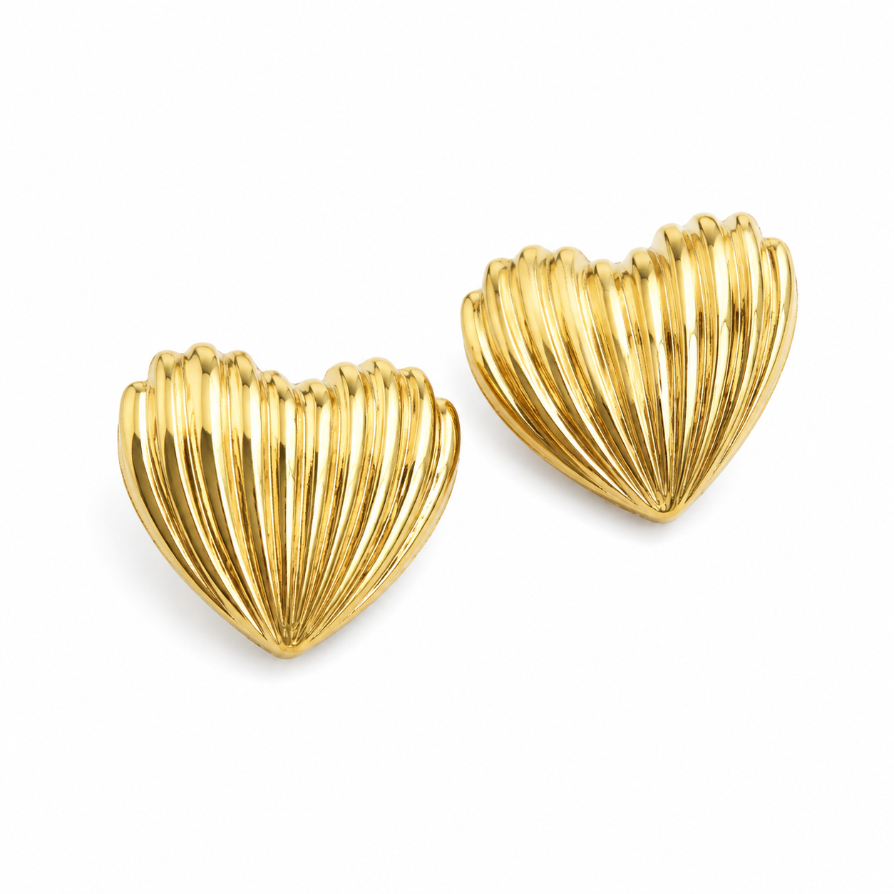 Flaire Studio ribbed gold heart stud earrings on white background