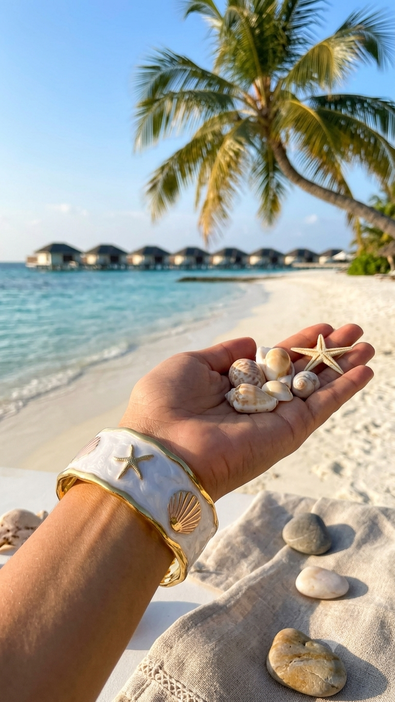 Flaire Studio White Enamel Shell & Starfish Cuff Kada - image 2