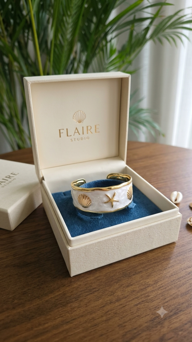 Flaire Studio White Enamel Shell & Starfish Cuff Kada - image 3