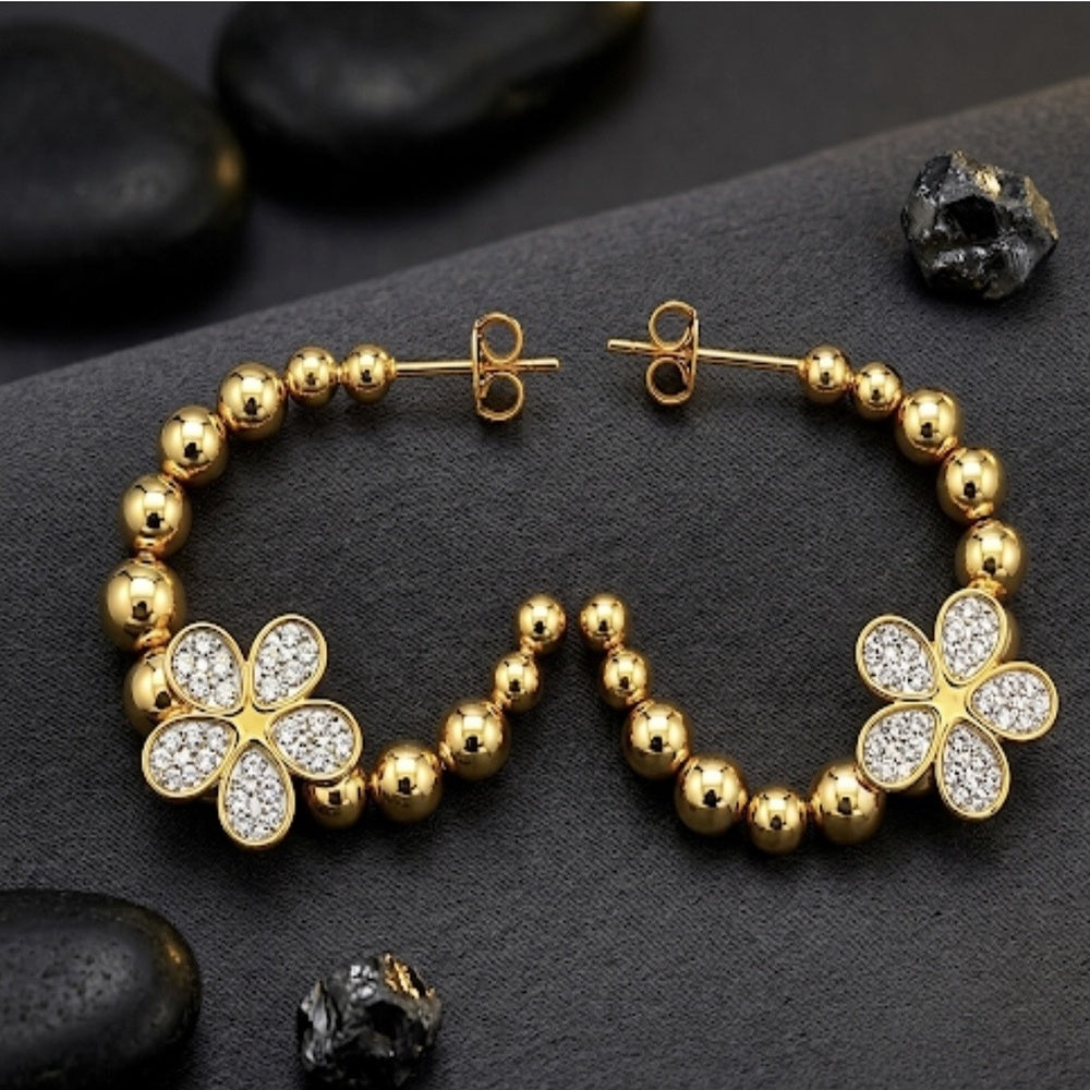 Gold Beaded Flower Hoop Earrings