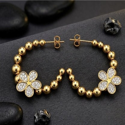 Gold Beaded Flower Hoop Earrings