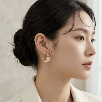 Gold Beaded Flower Hoop Earrings