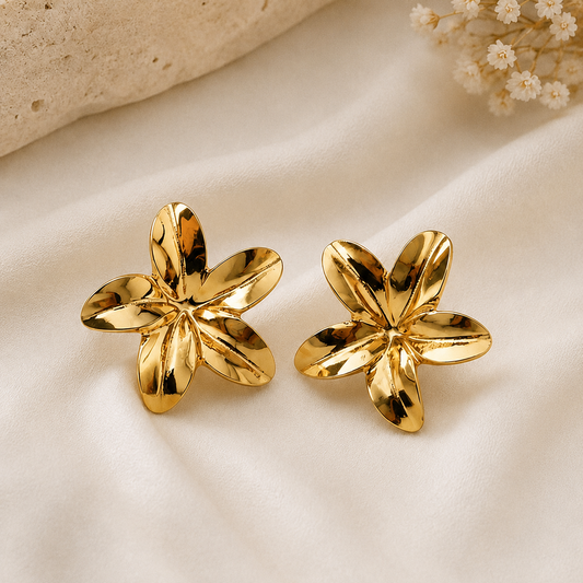 Flaire Studio Golden Plumeria Flower Stud Earrings