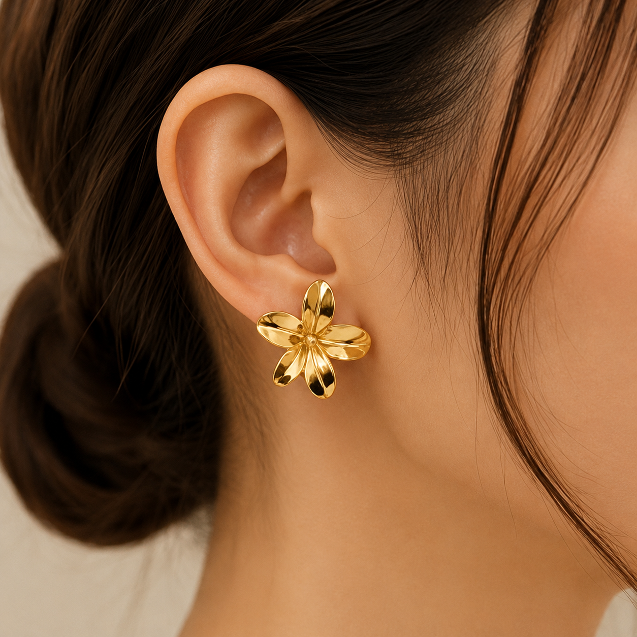 Flaire Studio Golden Plumeria Flower Stud Earrings