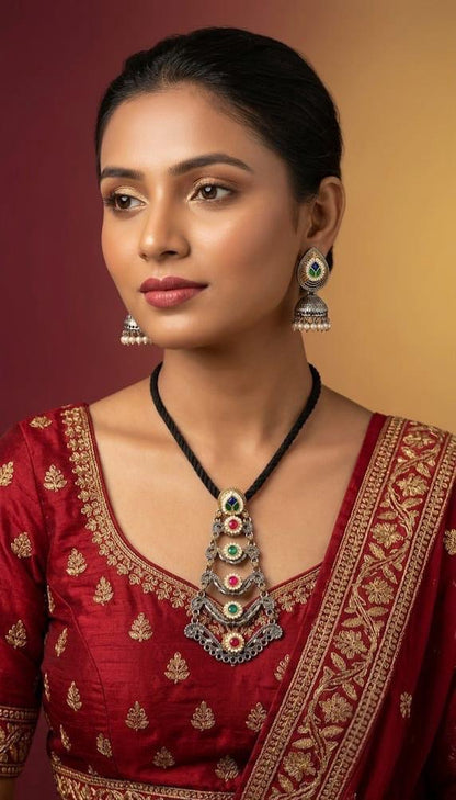 Tiered Pendant Necklace Set on Black Thread - main image