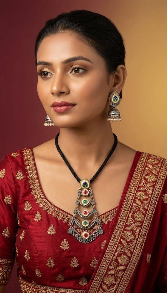 Tiered Pendant Necklace Set on Black Thread - main image