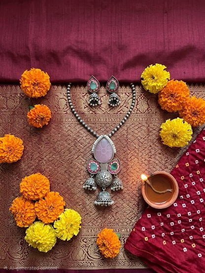 Carved Floral Pendant Necklace Set (Rose Pink) - image 2
