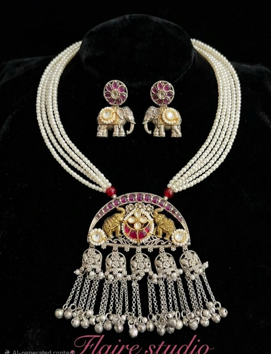 Multi-Strand Pearl Elephant Pendant Necklace Set - main image