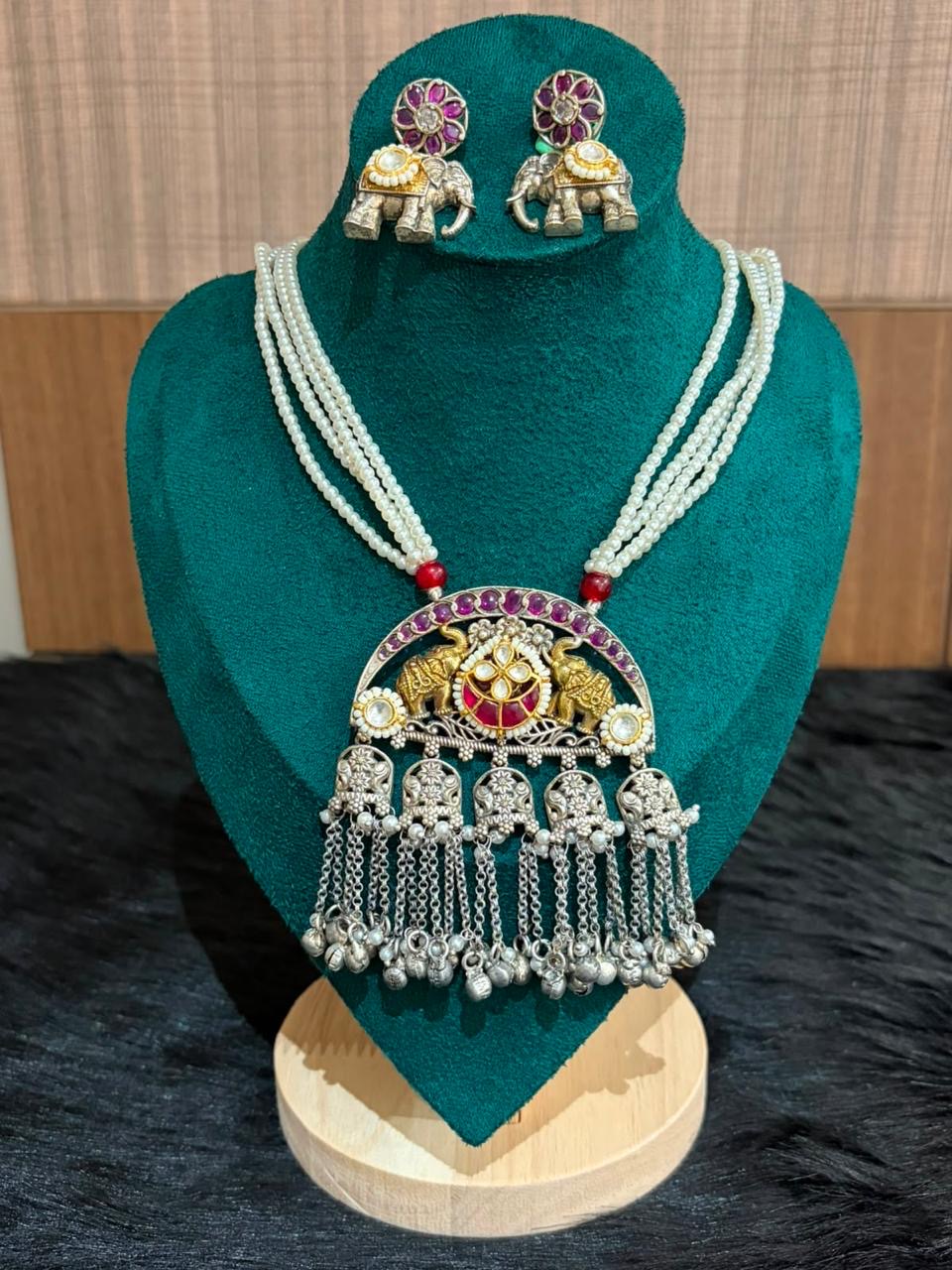Multi-Strand Pearl Elephant Pendant Necklace Set - image 2