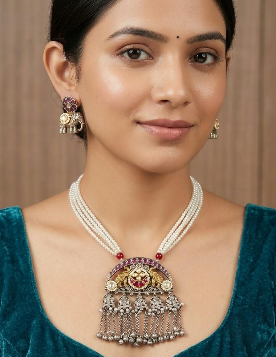 Multi-Strand Pearl Elephant Pendant Necklace Set - image 3