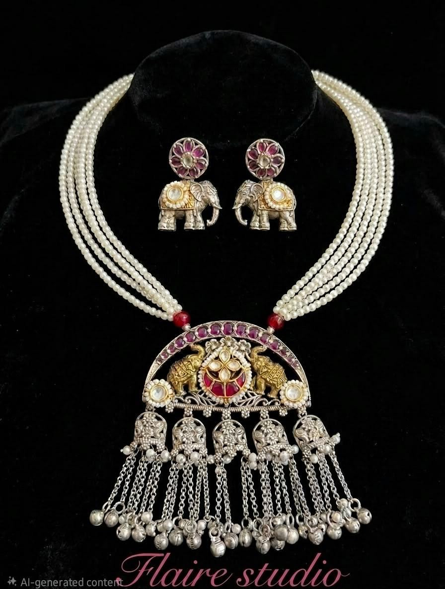 Multi-Strand Pearl Elephant Pendant Necklace Set - image 4