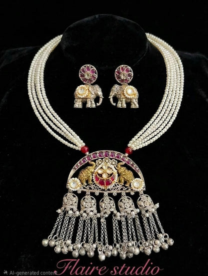 Multi-Strand Pearl Elephant Pendant Necklace Set - image 4